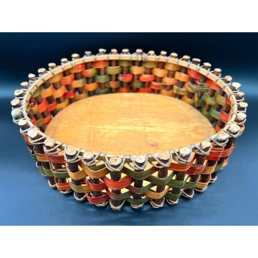 Rustic Twig Woven‎ Splint Oval Basket Multicolor Wood Base Farmhouse Decor 10.5